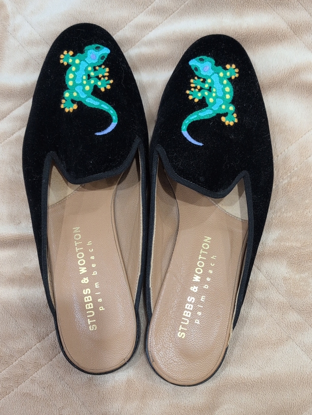 Stubbs & Wootton Black Velvet Mules with Green & Teal Lizard Embroidery